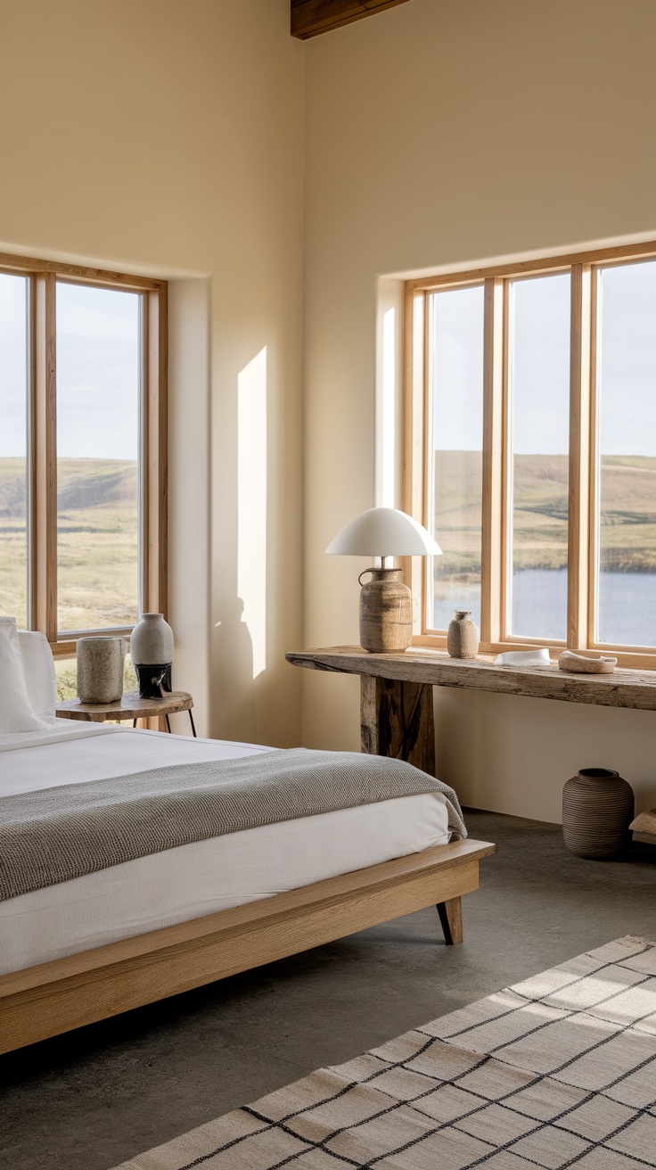 A modern coastal cottage bedroom featuring rustic elements.