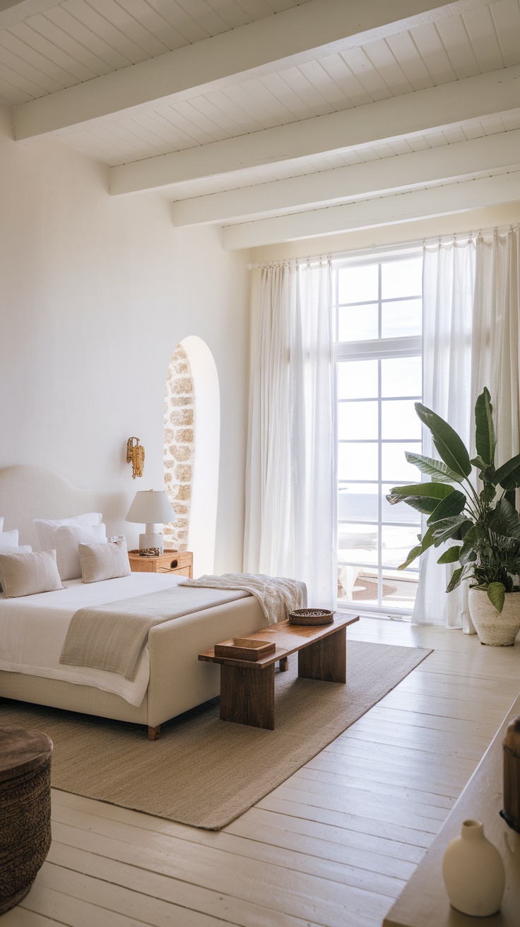A coastal bedroom featuring a bed with soft linens, a wooden table, and indoor plants by a large window.