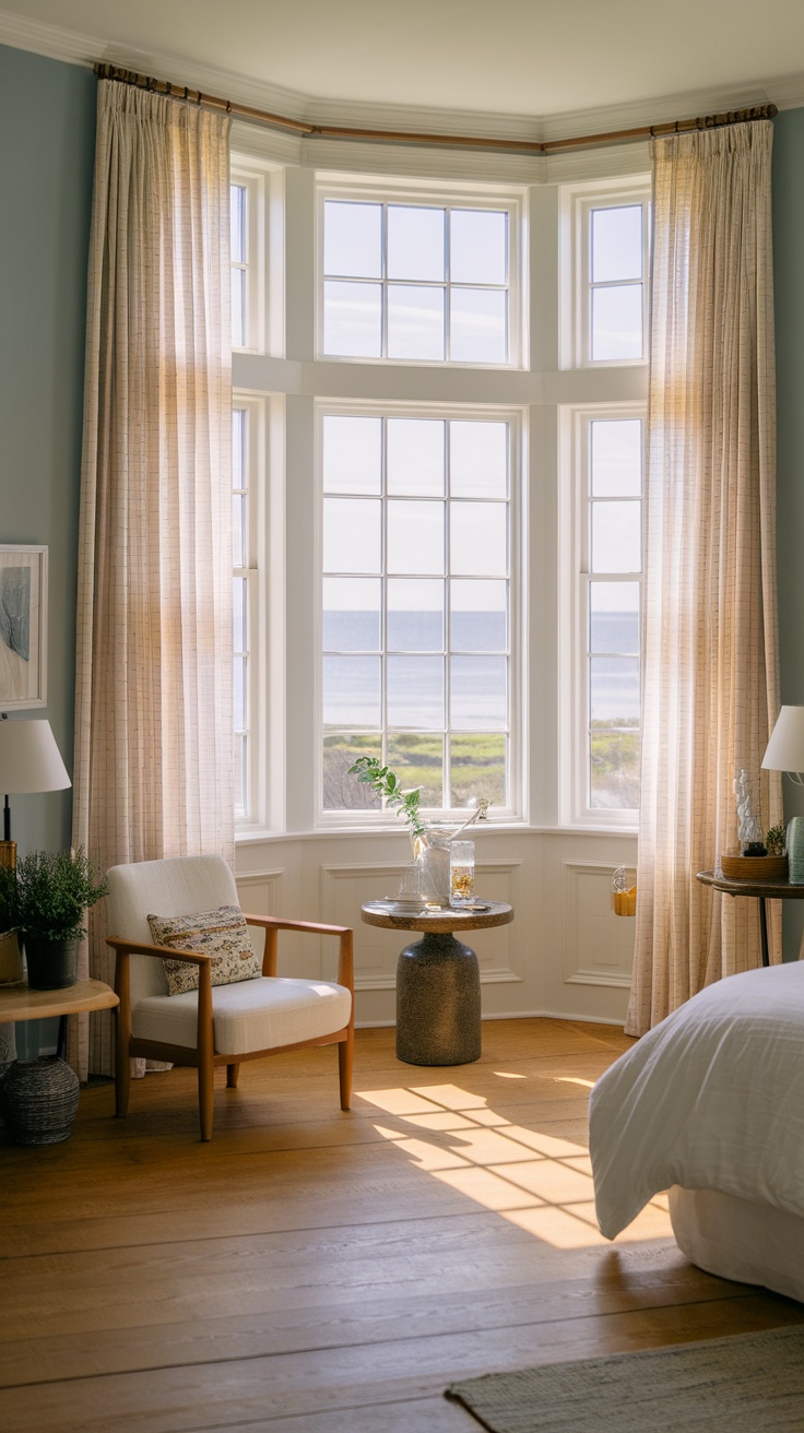 A cozy coastal cottage bedroom with large windows, natural light, and soft curtains.