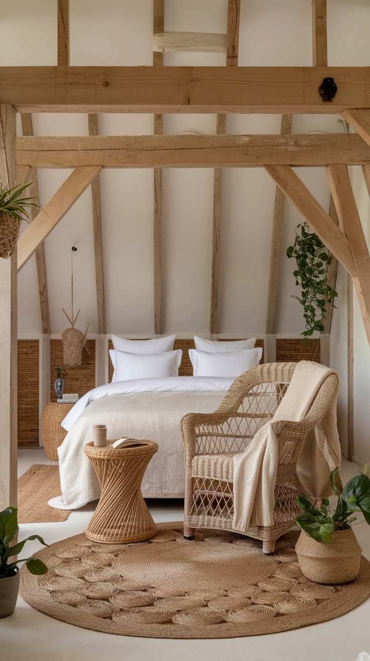 Coastal cottage bedroom featuring natural wooden beams, woven textures, and soft fabrics.