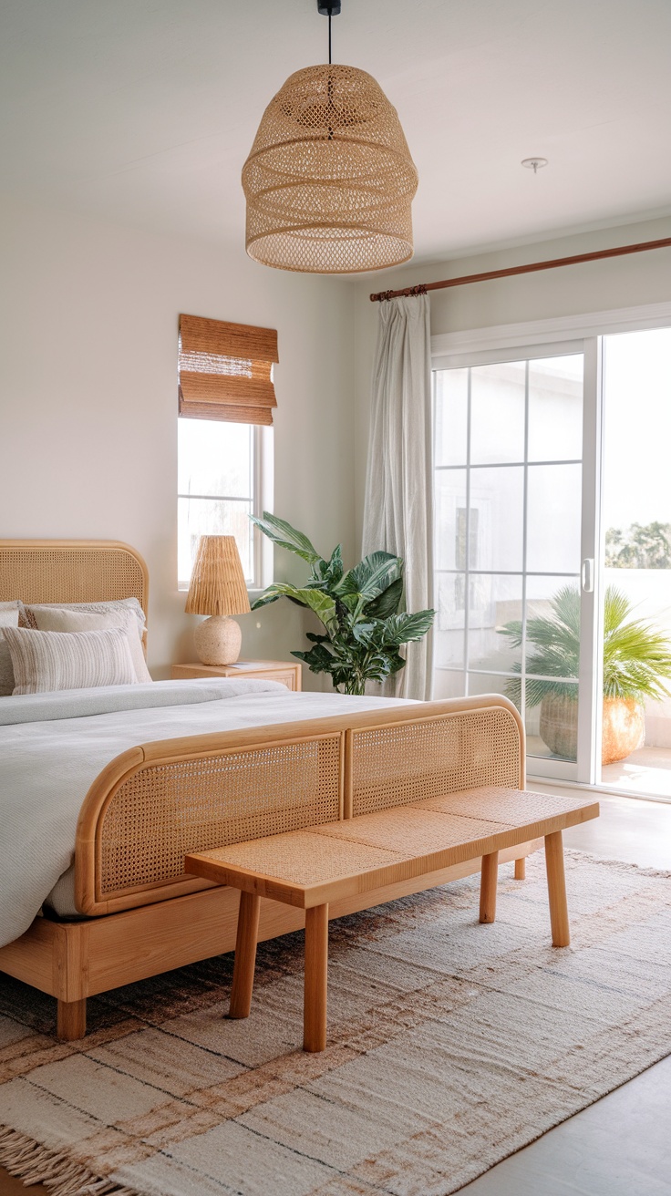 A cozy boho coastal bedroom featuring natural textures, rattan accents, and soft fabrics.