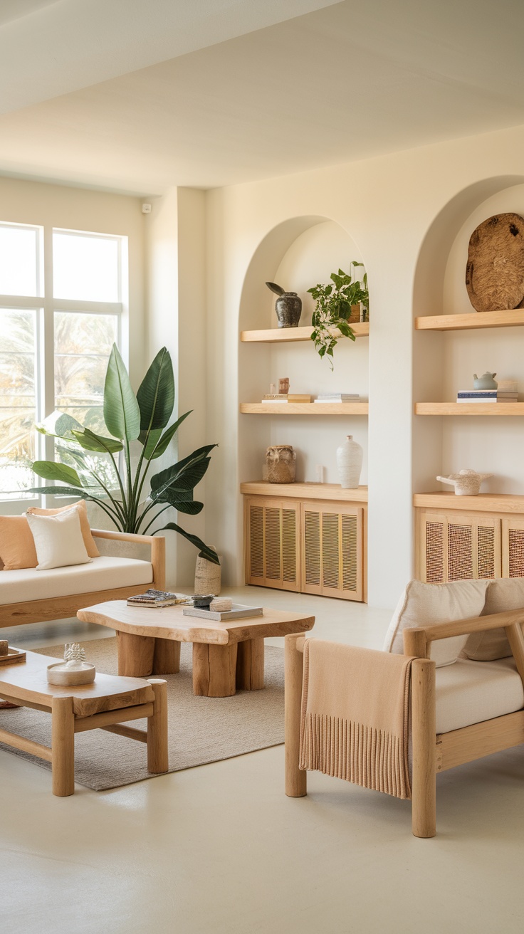 A cozy coastal living room with natural wood furniture and plants