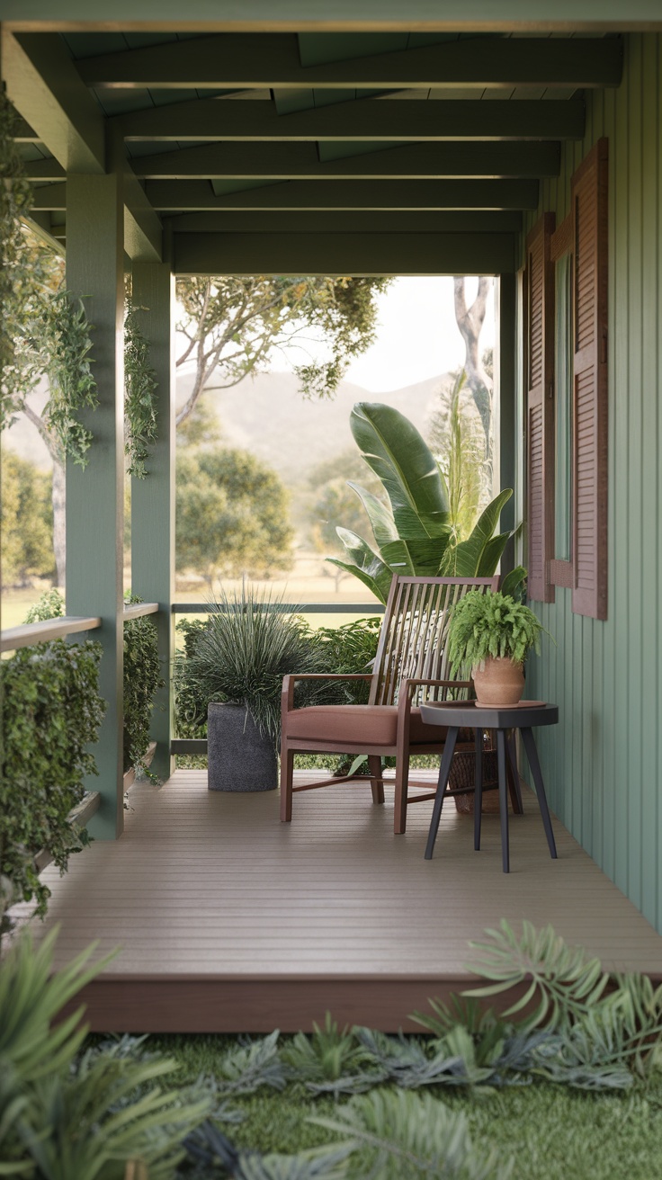 A cozy porch featuring nature-inspired color palettes with green walls, brown furniture, and lush plants.