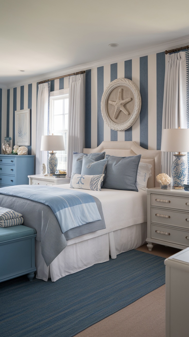 Coastal bedroom with blue and white striped walls, a bed with blue and white bedding, and nautical decor.