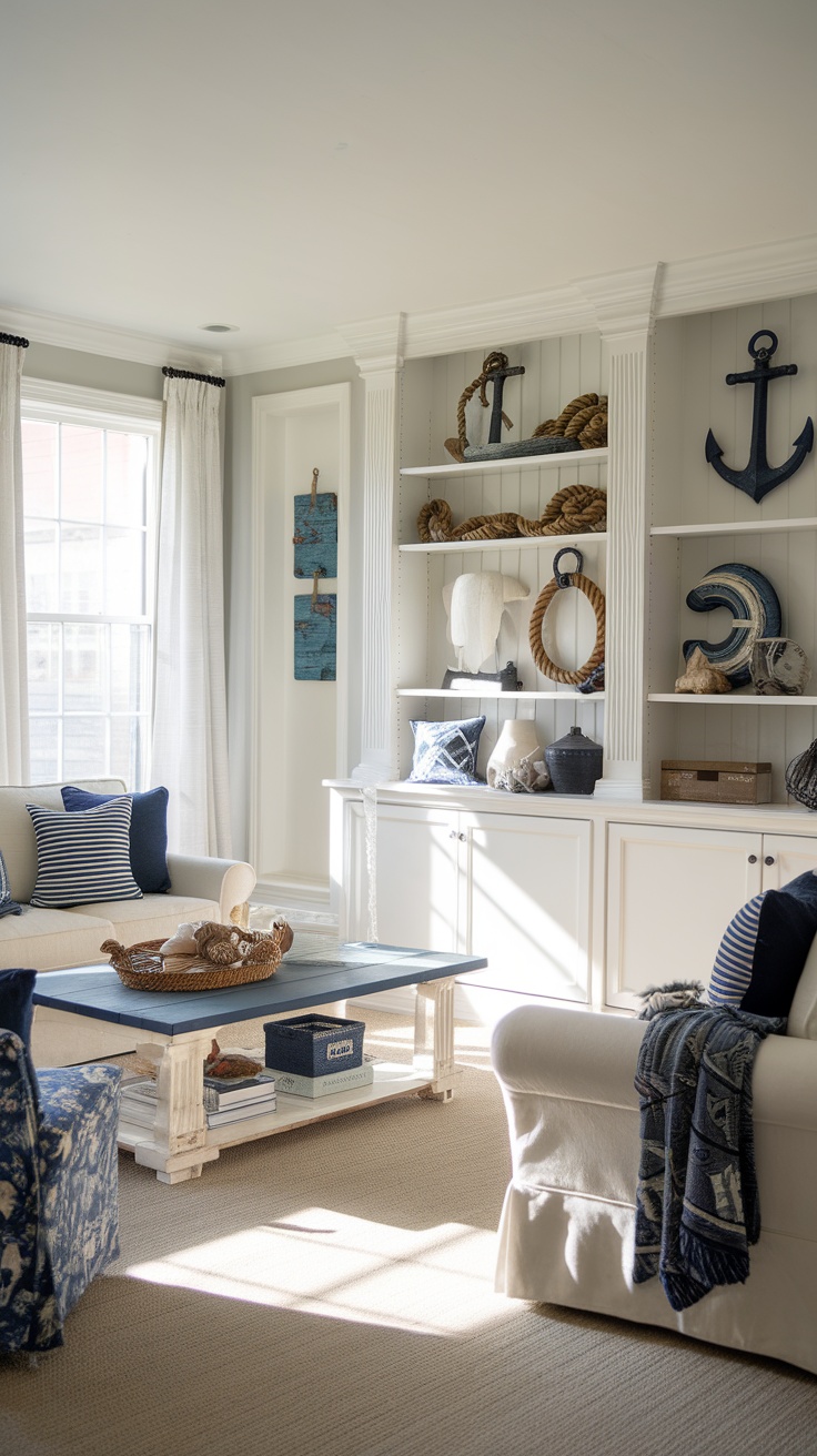 Cozy coastal living room with nautical-inspired decor accents.