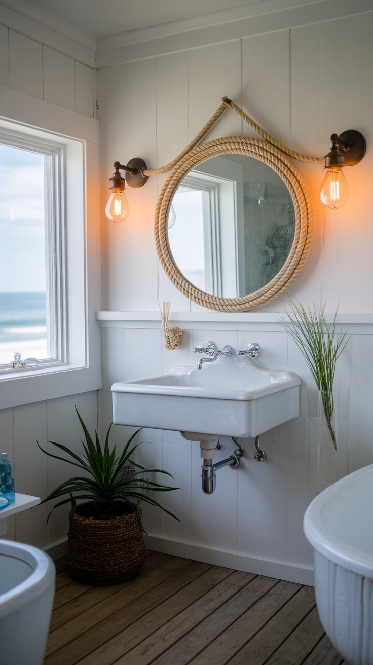 A nautical-themed mirror with a rope frame, illuminated by vintage-style light bulbs, in a bright bathroom setting.