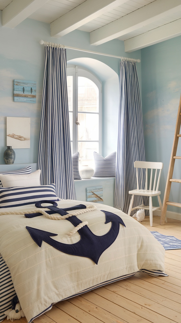 A bedroom featuring nautical-themed textiles with anchor designs and blue-striped curtains.