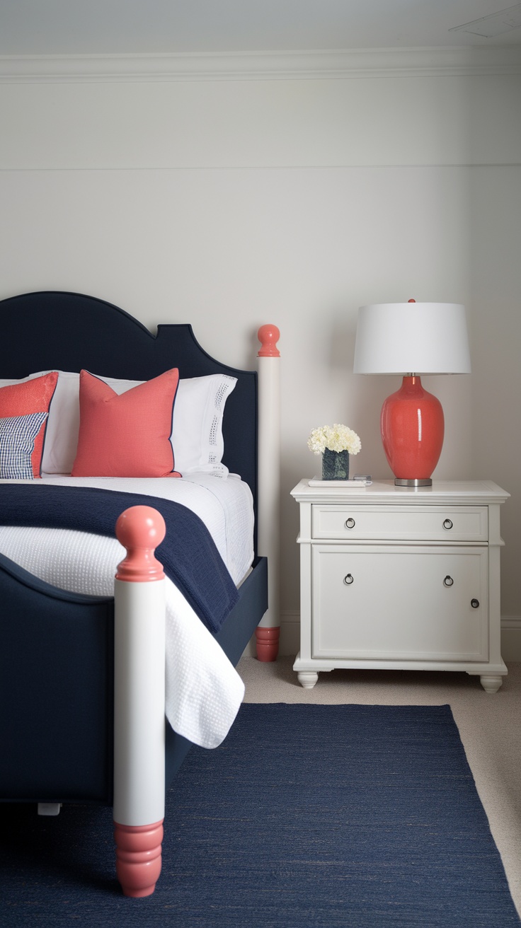 A coastal bedroom featuring a navy blue bed with coral accents, white bedding, and a matching lamp.