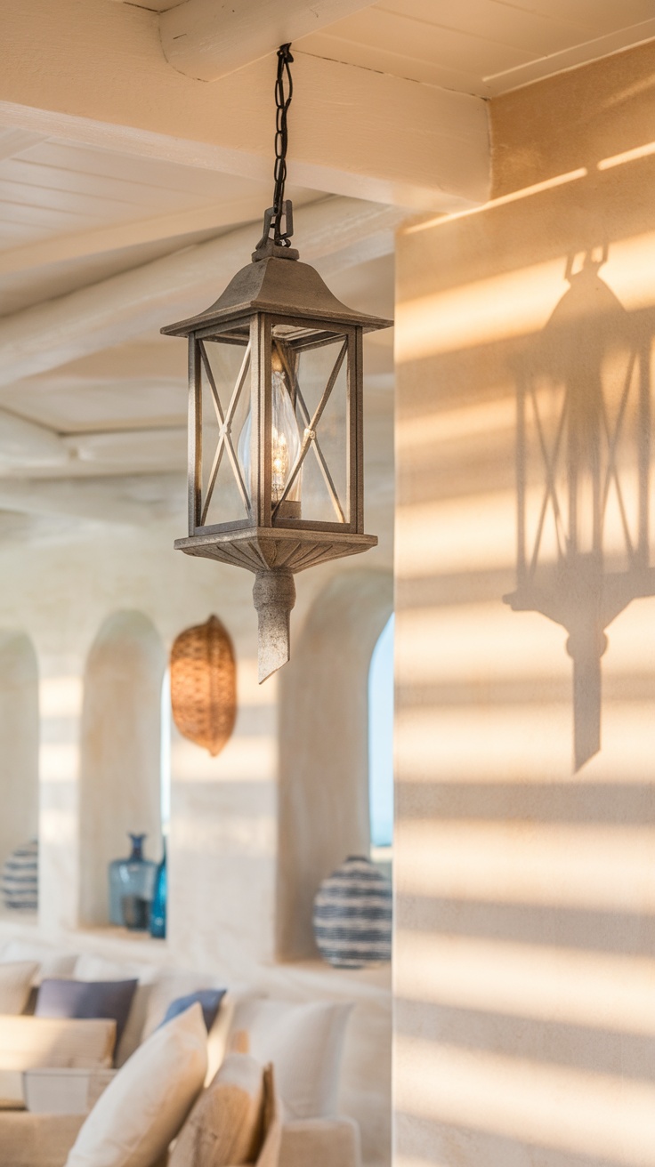 Nautical style lantern hanging from a ceiling, casting shadows on the wall.