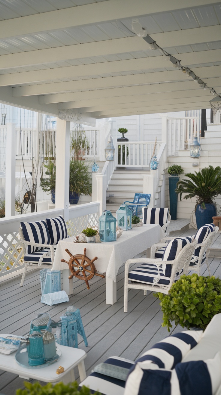 A nautical-themed outdoor space with blue and white striped furniture, lanterns, and a ship's wheel.