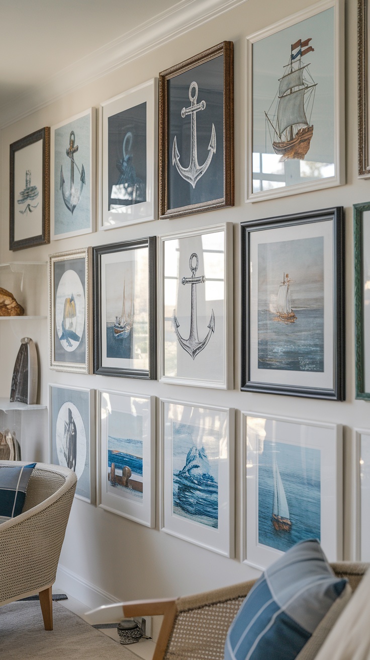 A gallery wall featuring nautical-themed artwork, including anchors, ships, and ocean scenes.