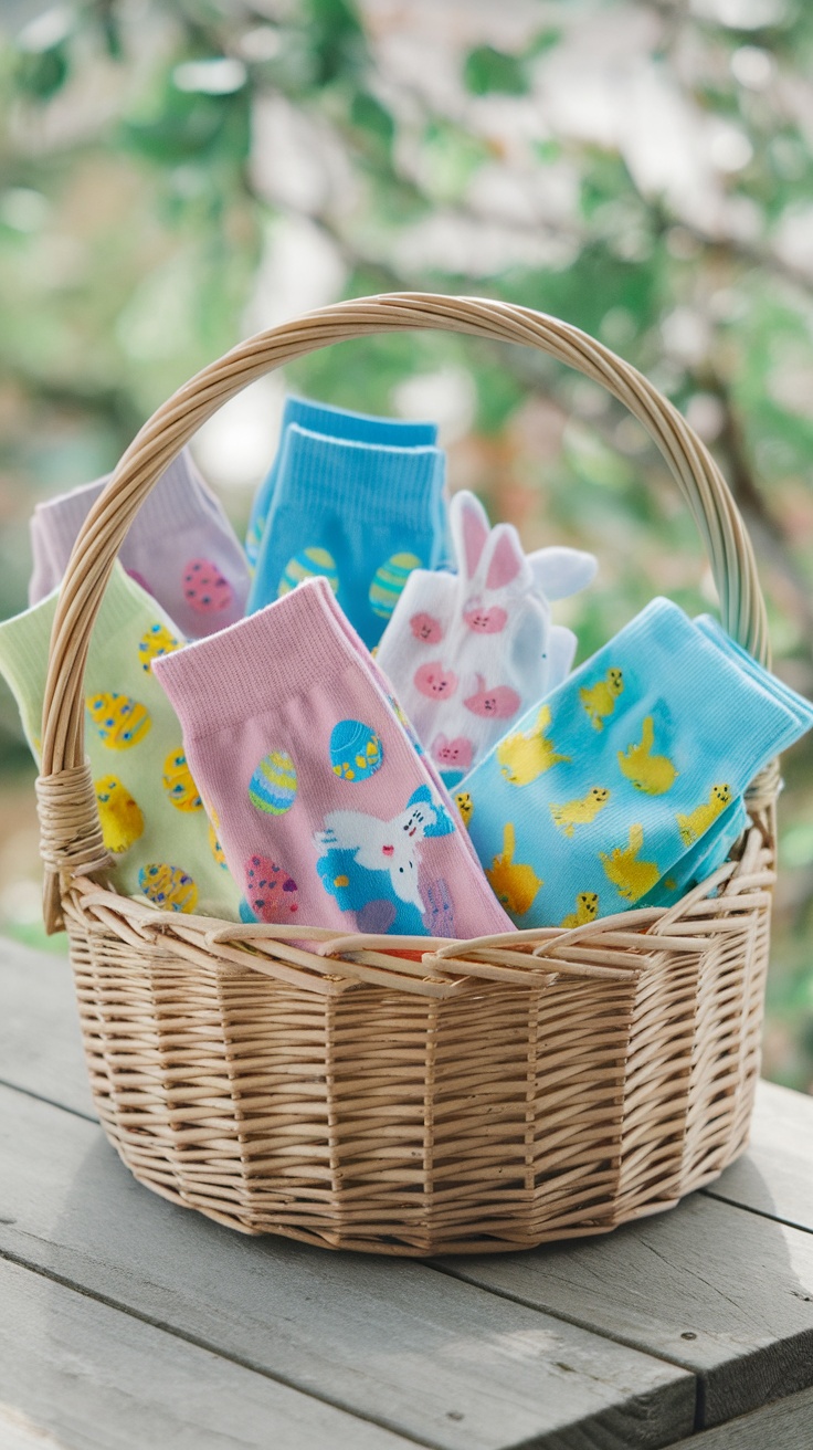 A basket filled with colorful novelty socks featuring Easter themes.