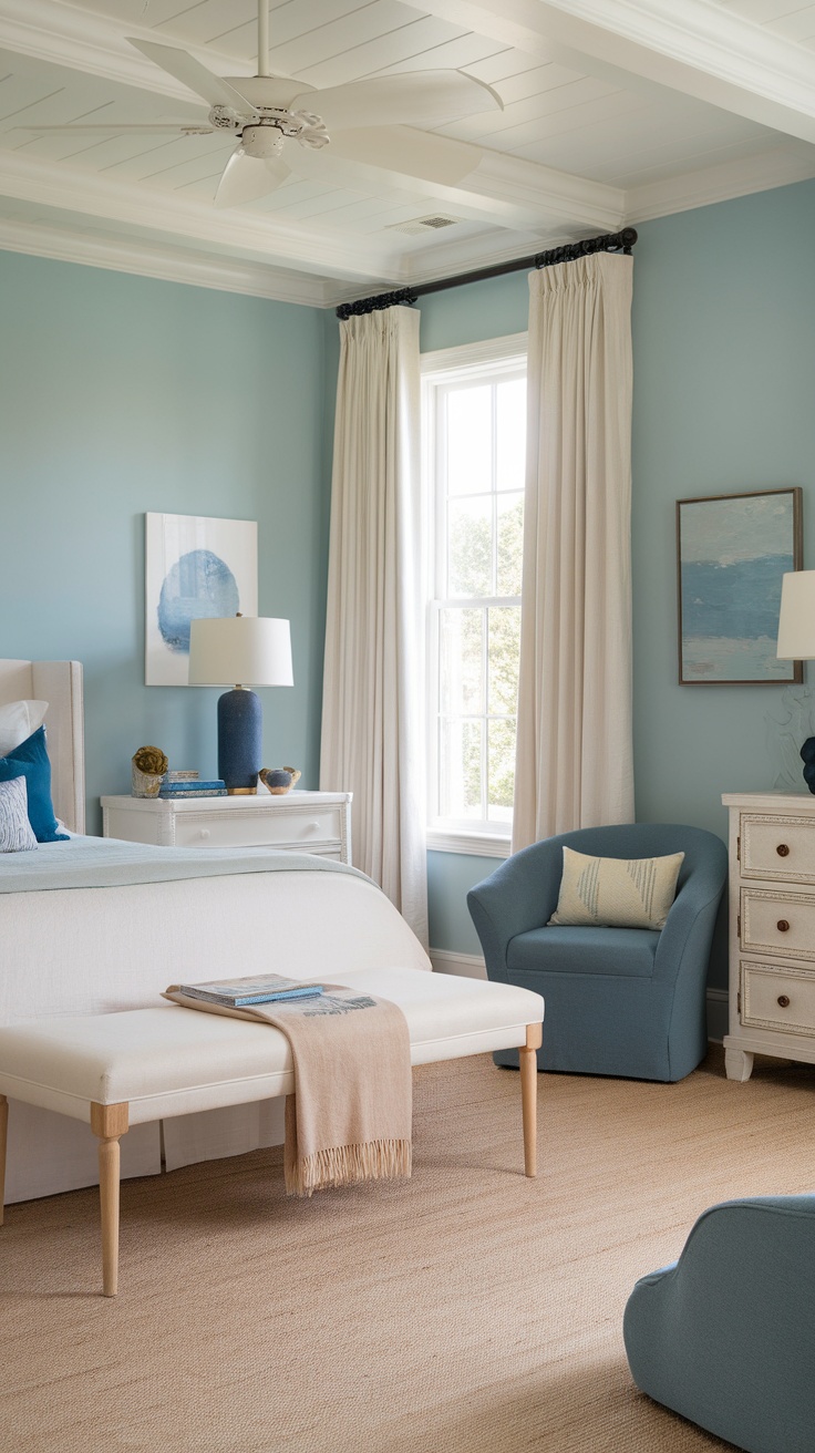 A serene boho coastal bedroom with soft blue walls and neutral furnishings.