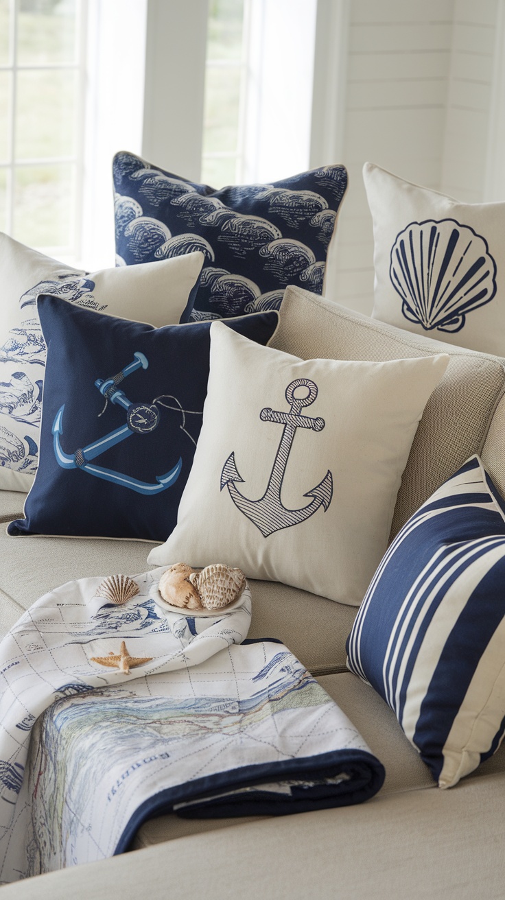 Ocean-inspired textiles featuring pillows with anchors, shells, and a nautical-themed blanket.