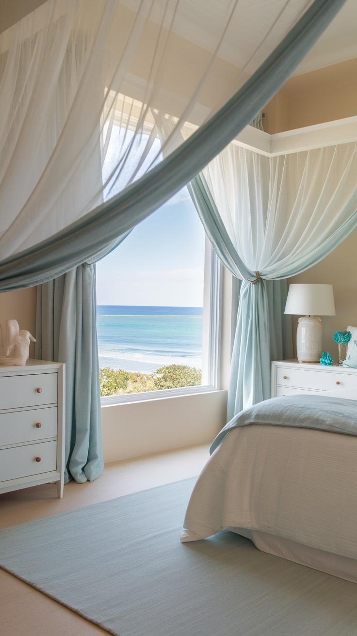 A coastal bedroom with sheer curtains and soft blue accents, overlooking the ocean.
