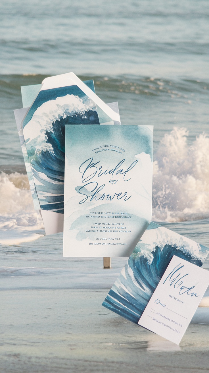 Ocean wave-inspired bridal shower invitations set against a beach background