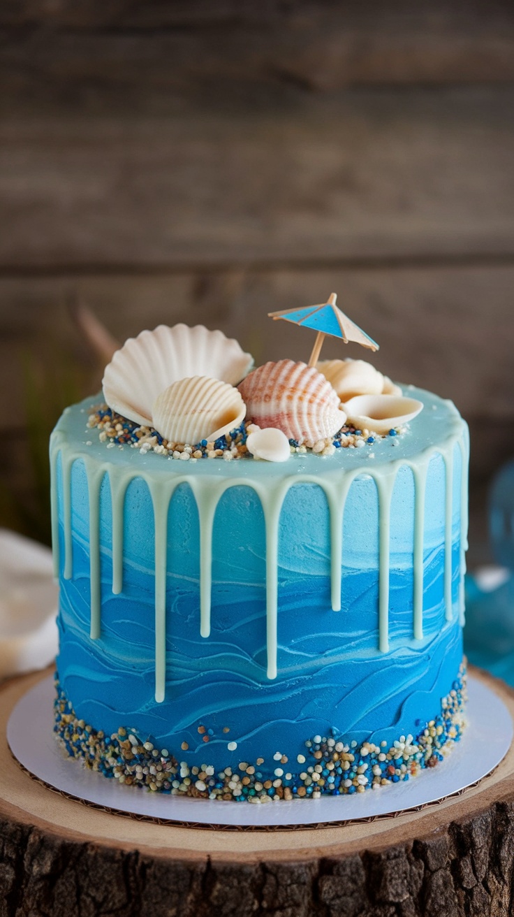 A blue ocean wave drip cake decorated with seashells and a small umbrella