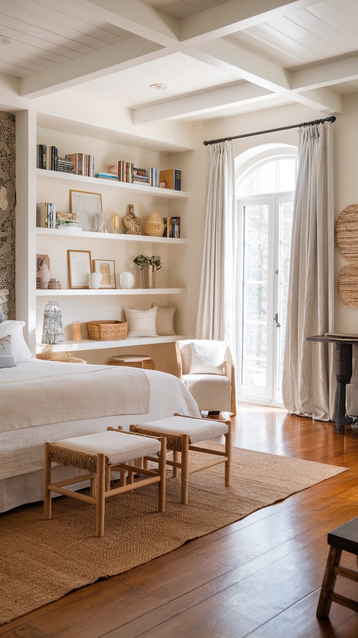 A bright and airy boho coastal bedroom with natural textures and soft colors.