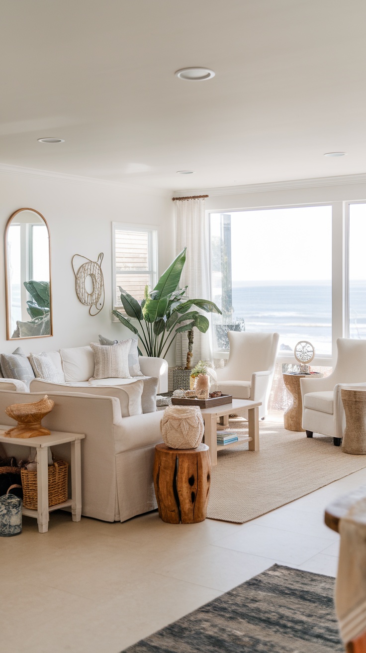 A modern coastal living room with open concept design, featuring large windows overlooking the ocean.