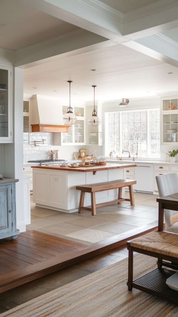 A modern farmhouse kitchen with an open layout, featuring a central island, wooden accents, and large windows.