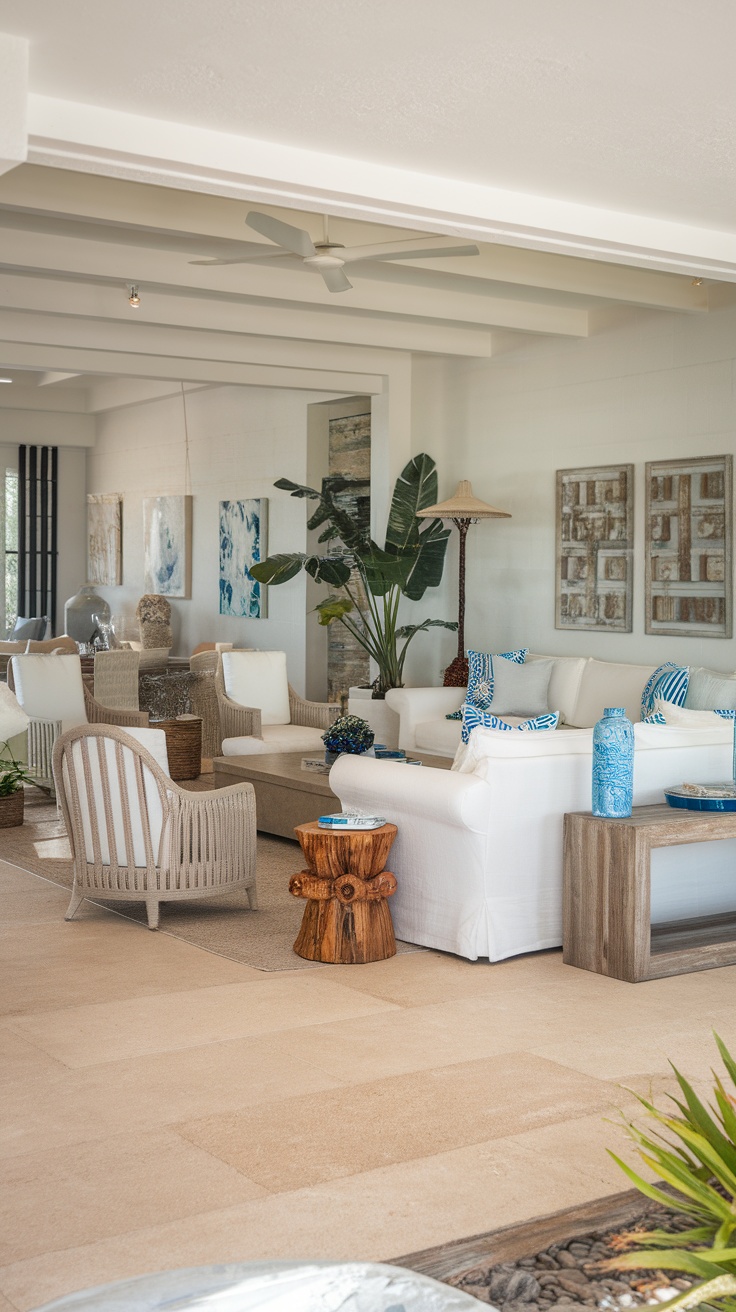 Cozy coastal living room with an open layout featuring light colors and comfortable seating.