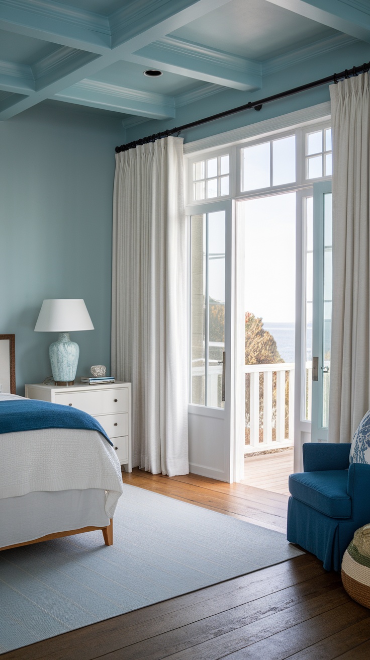 Coastal cottage bedroom with blue walls, large windows, and wooden flooring