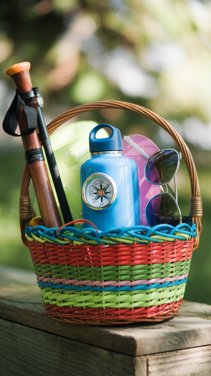 A colorful Easter basket filled with outdoor gear including a water bottle, compass, sunglasses, and a walking stick.