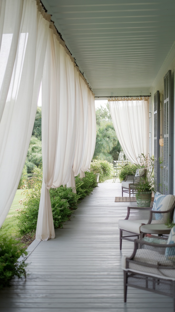 A cozy porch with flowing outdoor curtains providing privacy and shade.