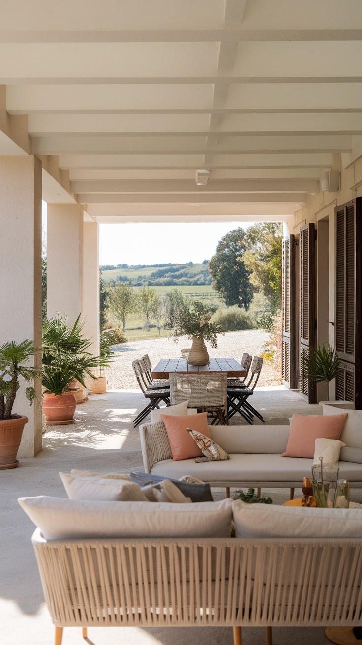 A cozy outdoor living space featuring a dining table and comfortable seating, surrounded by greenery.