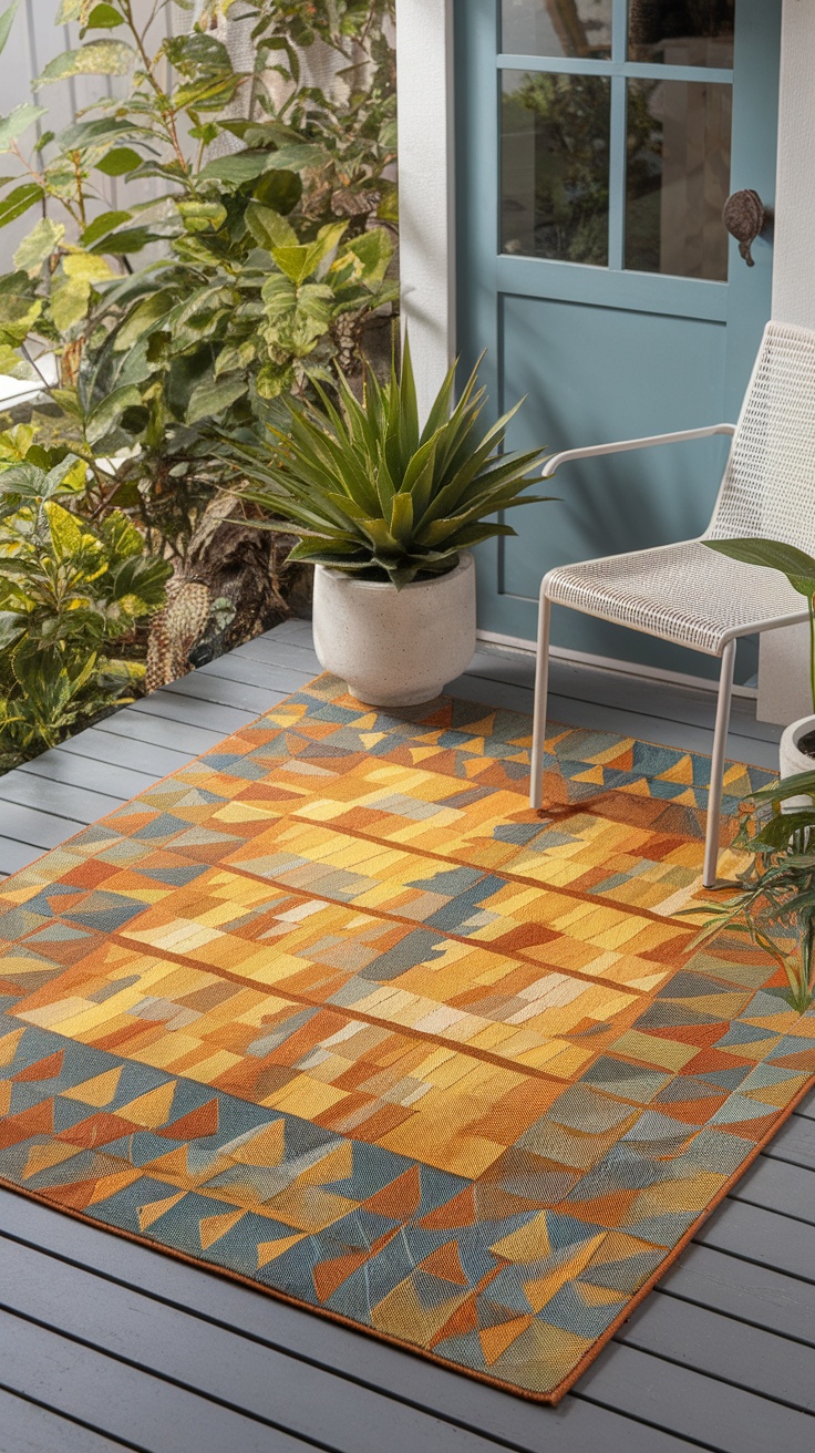 A colorful geometric outdoor rug on a porch with plants and a chair.