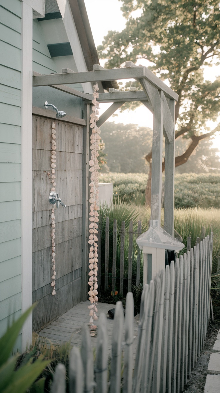 Outdoor shower area at a beach cottage, featuring wooden elements and seashell decor.