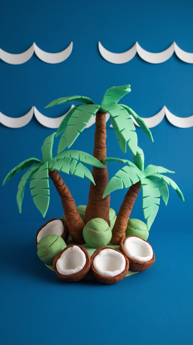 A cake shaped like a tropical scene with palm trees and coconuts on a blue background.