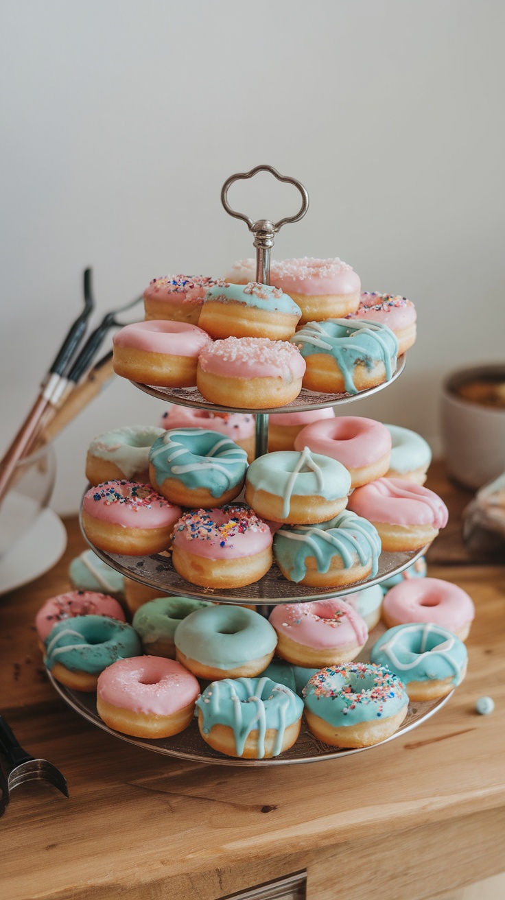 A tiered stand filled with pastel mini donuts in pink and blue icing.