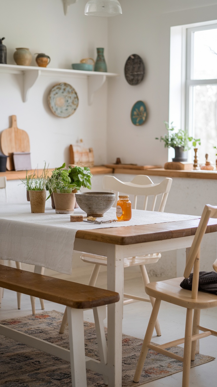 A cozy tiny cottage kitchen with a wooden table, potted herbs, and decorative pottery.