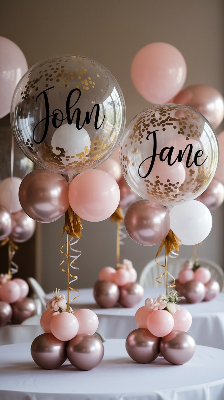 Personalized balloon centerpieces with names 'John' and 'Jane' in a beautifully decorated setting.