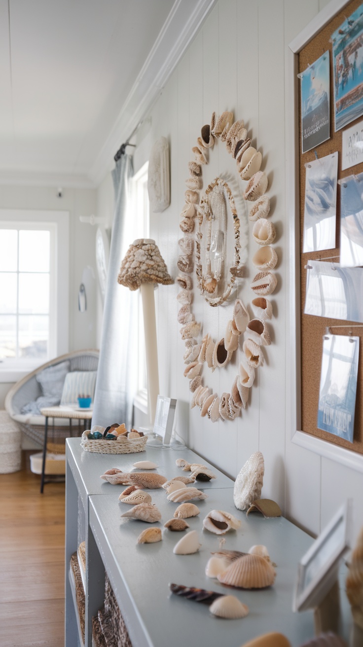 A beach-themed room decorated with shells and beach photographs.