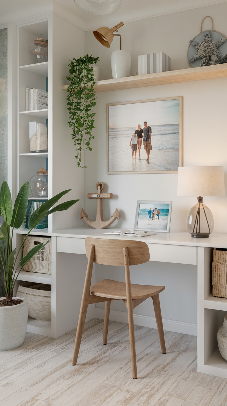 Coastal home workspace with natural decor and family photos