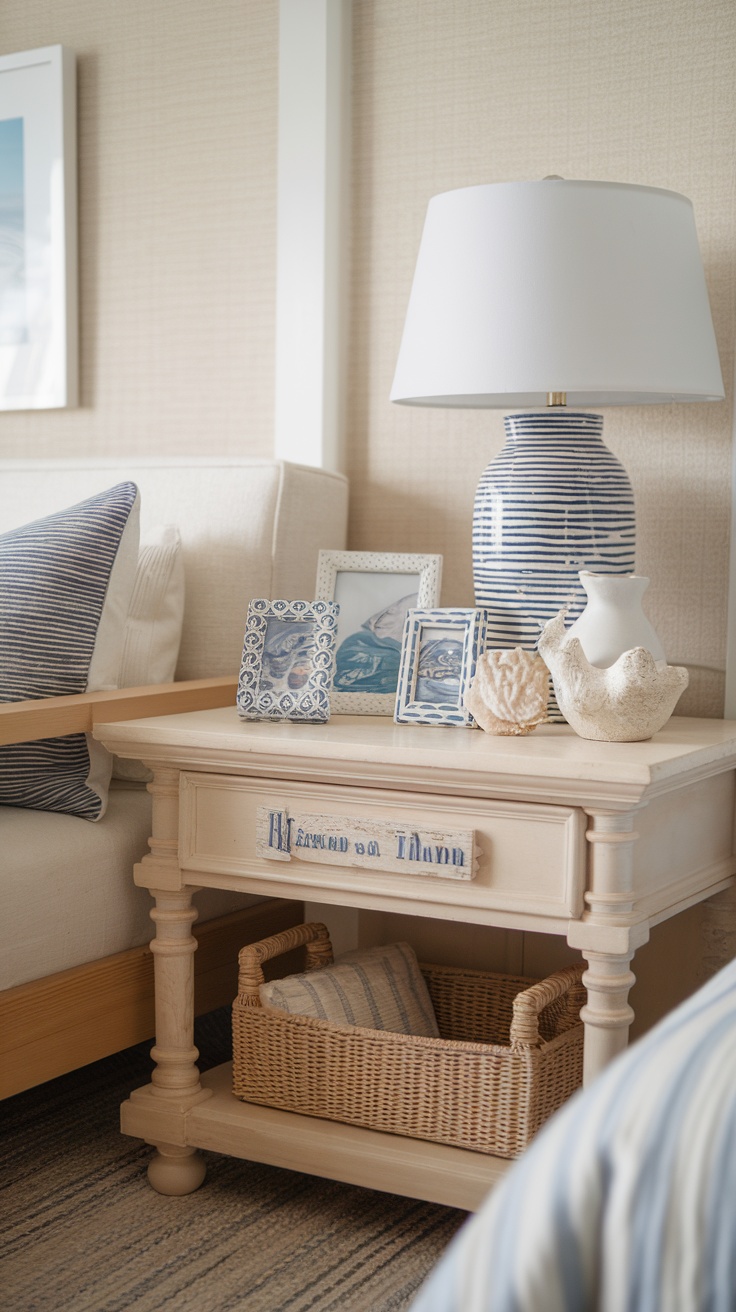 A cozy coastal-themed bedroom with a bedside table displaying framed photos, decorative shells, and a lamp.