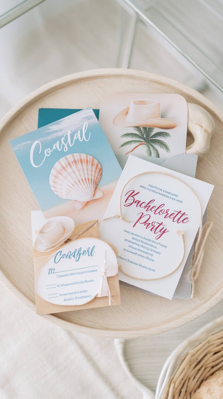 A collection of personalized bachelorette party invitations with a coastal theme.