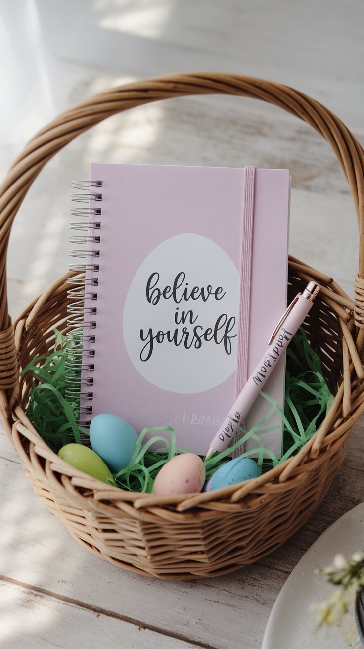 A personalized stationery set featuring a notebook that says 'believe in yourself' and a matching pen, surrounded by colorful easter eggs in a basket.