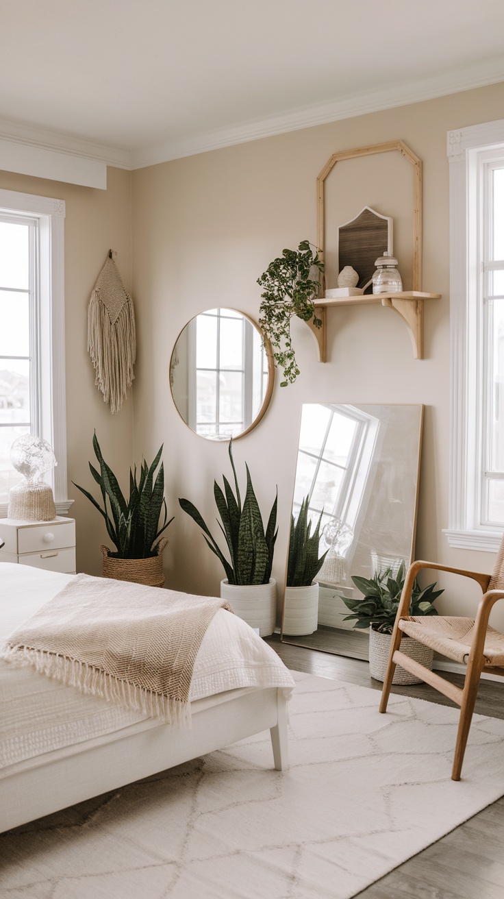 A cozy and bright Boho coastal bedroom with plants, mirrors, and warm decor.