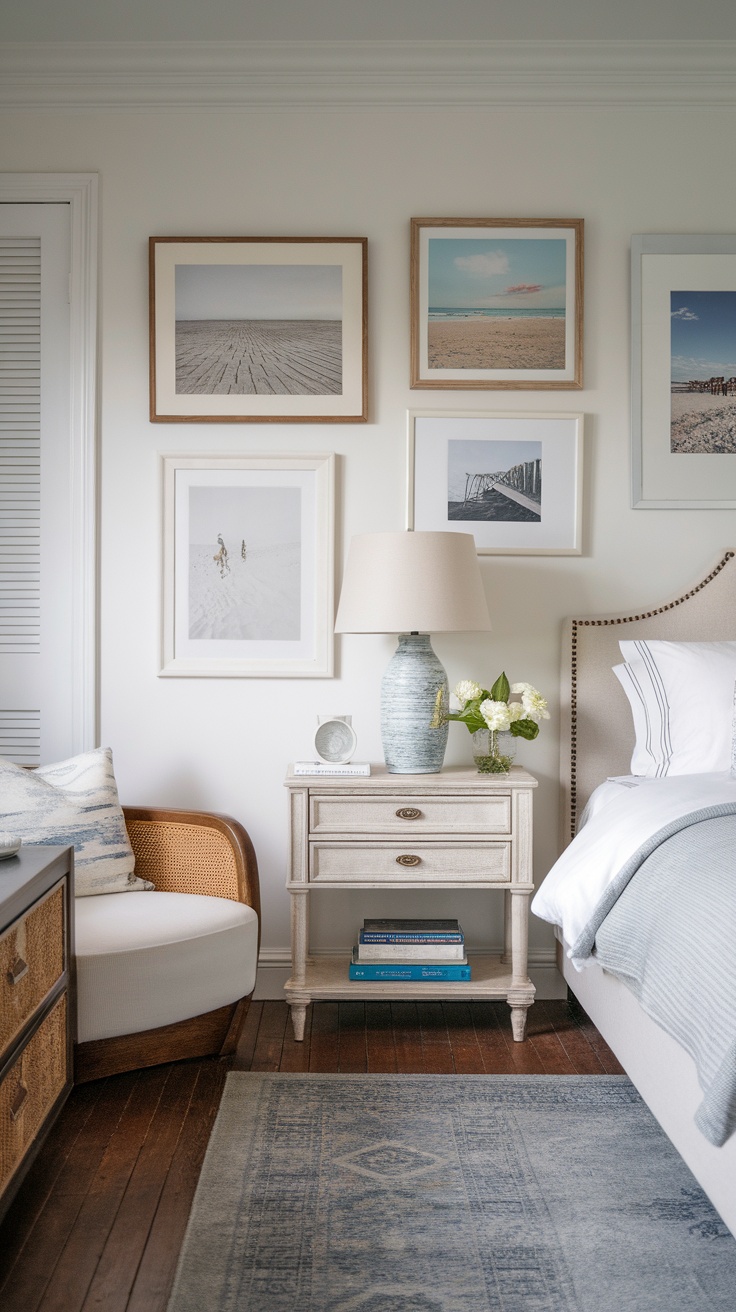 Coastal cottage bedroom featuring framed photos and soft furnishings.