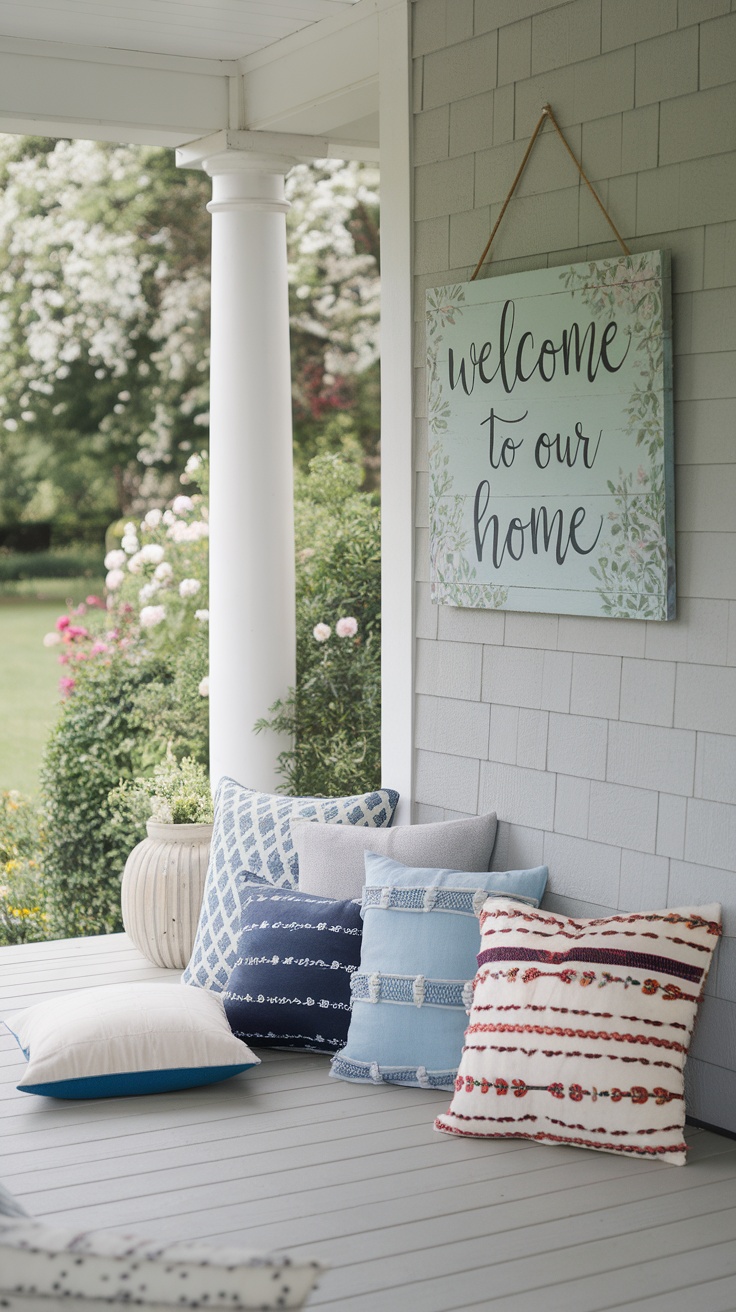 A cozy porch with decorative pillows and a welcome sign.