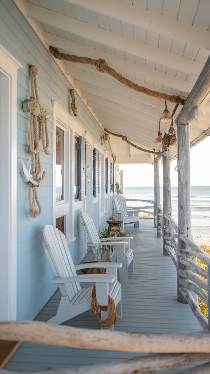 A beach cottage porch with nautical decor, featuring rope accents and white rocking chairs.