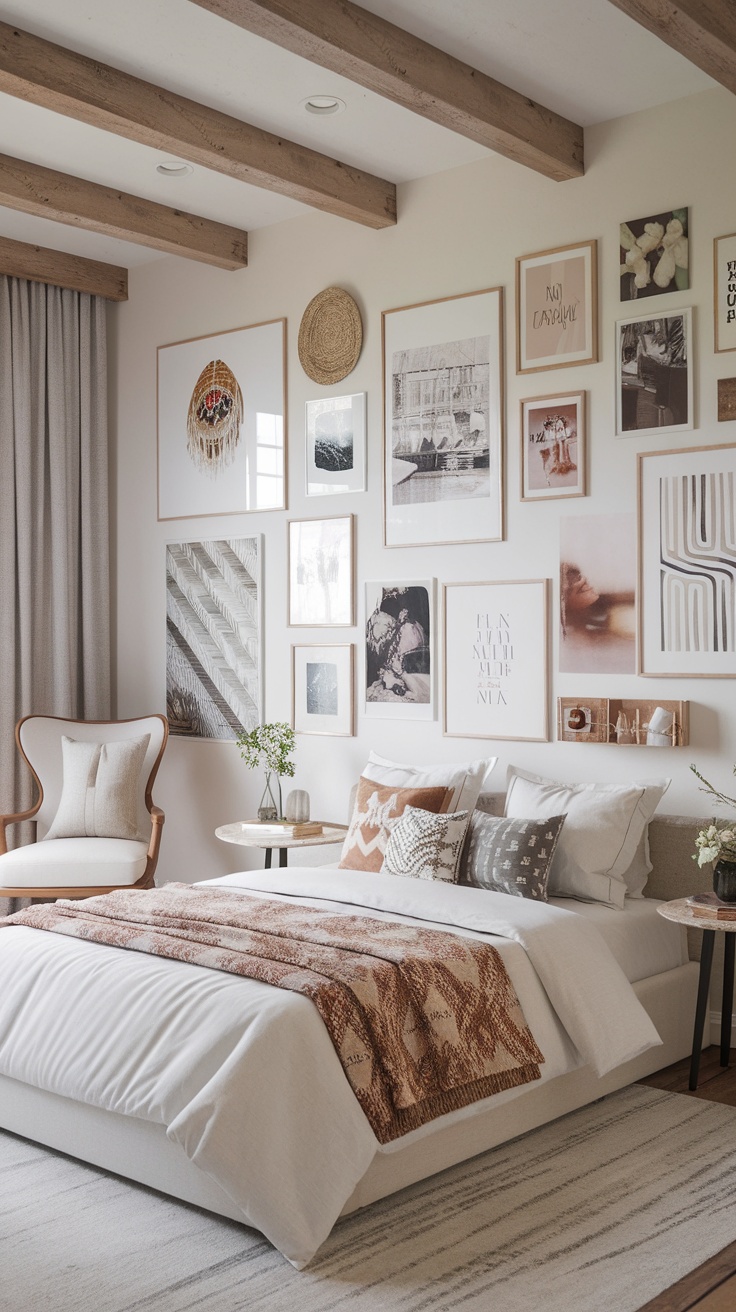 A cozy bedroom featuring a variety of framed wall art displays, including photographs and decorative pieces.