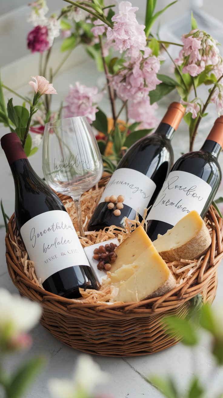 A beautifully arranged Easter basket featuring personalized wine bottles, a wine glass, cheese, and decorative flowers.