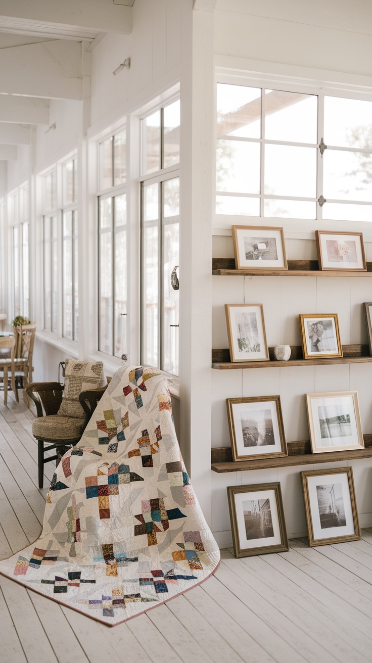 A corner of a modern farmhouse featuring a quilt on a chair and framed photos on a shelf.