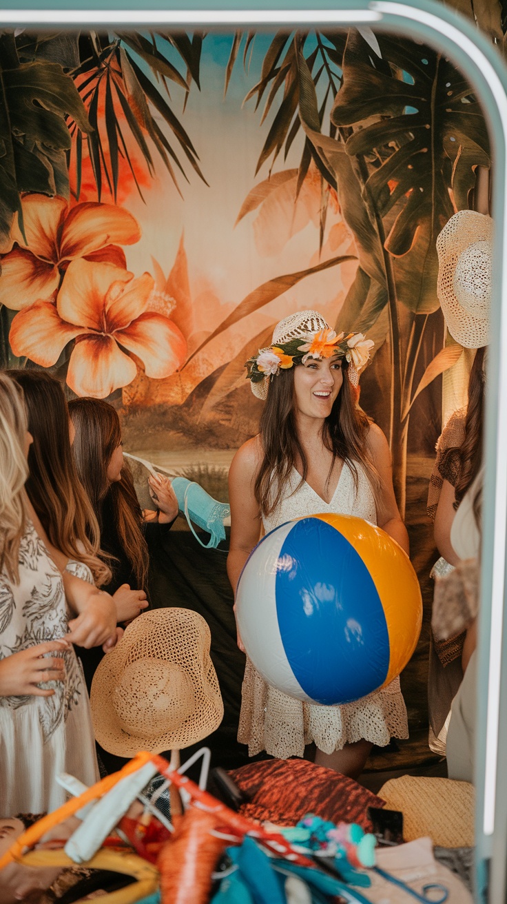 Four women posing in a photo booth with a coastal theme, wearing hats and enjoying drinks.