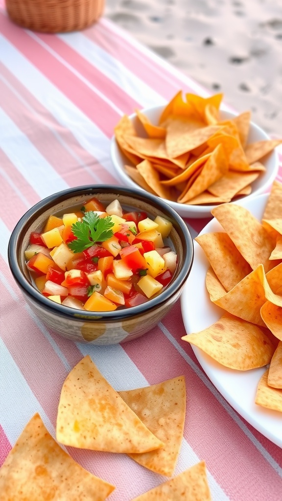 A bowl of pineapple salsa with tortilla chips on the beach, alongside a whole pineapple and an umbrella in the background.