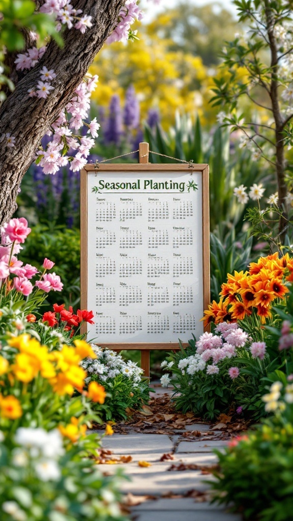 A seasonal planting calendar surrounded by colorful flowers in a garden.